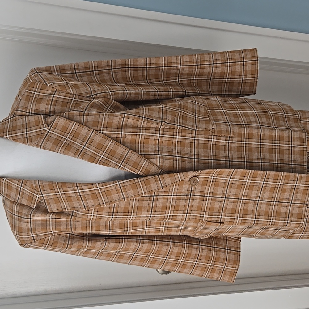 Melrose and Market Tan Plaid Houndtooth Wide Leg Pant Oversized Blazer Suit M - Picture 3 of 12